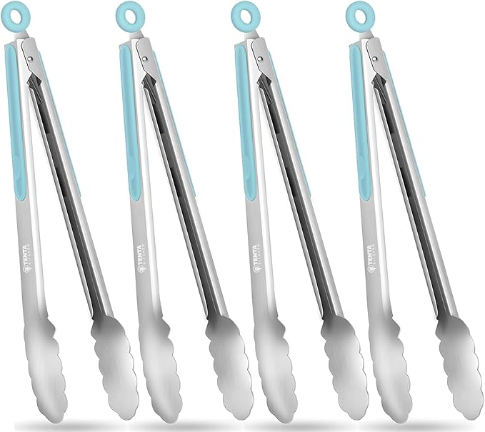 Tongs for Cooking, 12-Inch Stainless Steel Kitchen Tongs, Locking with Silicone Non-Slip Grip, Kitchen Utensils for Food, Salad and Outdoor BBQ, Set of 4 (Blue)
