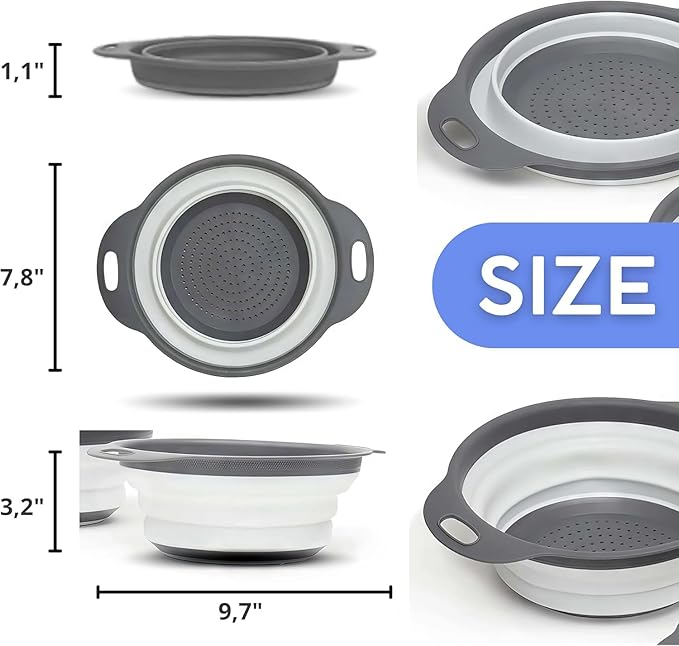 White Round Silicone Collapsible Colander – Silicone Round Kitchen Strainers with Plastic Handles Small Foldable Kitchen Strainer Perfect for Draining Pasta Vegetable and Fruit