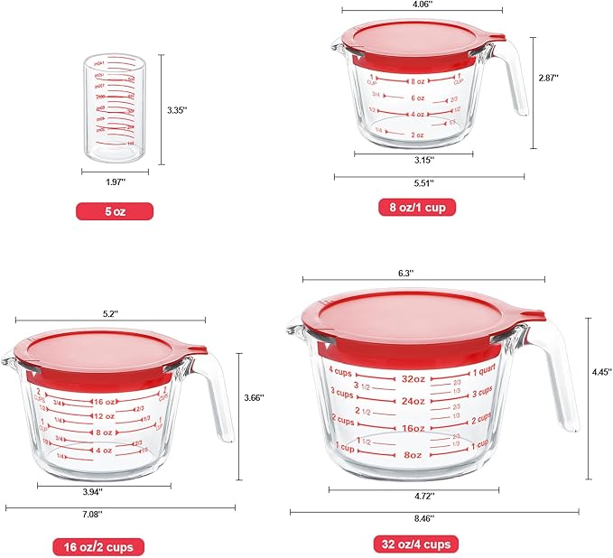 KOMUEE 4 Piece Glass Measuring Cups Set, 5 Oz, 1-Cup, 2-Cup, 4-Cup Liquid Measuring Cups with Lids for Kitchen, Freezer and Microwave Safe
