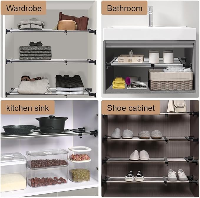 Hershii Expandable Closet Tension Shelf Rod Adjustable Metal Storage Rack Cabinet Organizer DIY Divider Separator Shelves for Wardrobe Cupboard Kitchen Bathroom, Black, 39.76-60.03inches