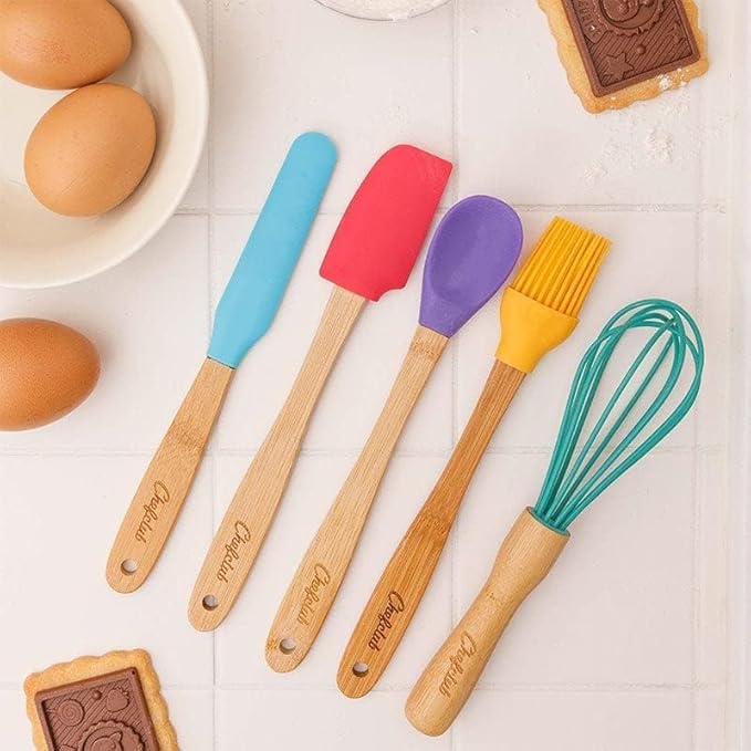 Chefclub Kids Montessori Cooking 5-Piece Utensils Set Heat Resistant Non Stick Silicone for Kids & Beginner Kitchen & Cookware Gadgets - Mixing, Whisking, Baking, Brushing