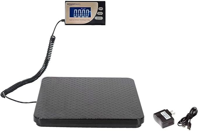 Amazon Basics Digital Postal Scale with Tare Function, Heavy Duty, Aluminium Platform, 440 lb Capacity, Digital Shipping, Portable, Black