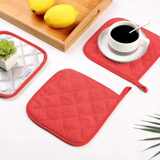 meioro 4-Pack Pot Holders for Kitchen High Heat Resistant Potholder, 100% Cotton Hot Pads, Quilted Terry Hot Pot Holder Set for Kitchens, Washable Trivet for Cooking and Baking 7x7 Inches (red)