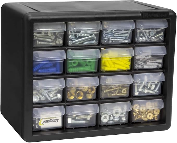 Akro-Mils 16-Drawer Plastic Drawer Storage Cabinet for Garage Organization, Beads, Makeup Organizer, Building Bricks Storage, Teacher Toolbox, 10-1/2" W x 6-1/2" D x 8-1/2" H, 10716 Black