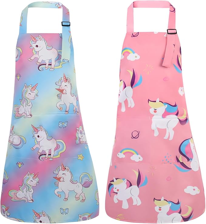 2 Pack Kids Apron, Cute Cooking Aprons, Waterproof Art Apron with Pockets, Toddler Painting Artist Apron Adjustable