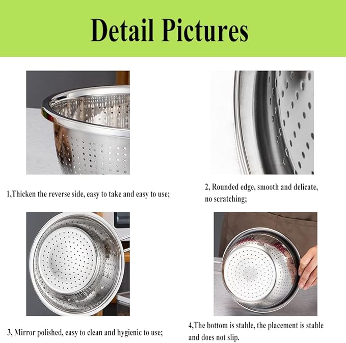 Stainless Steel Perforated Colander Strainer with Long Green Handle Sieve Sifters Use for Kitchen Food Pasta Noodles Spaghetti Vegetables Silver - 7.9inch