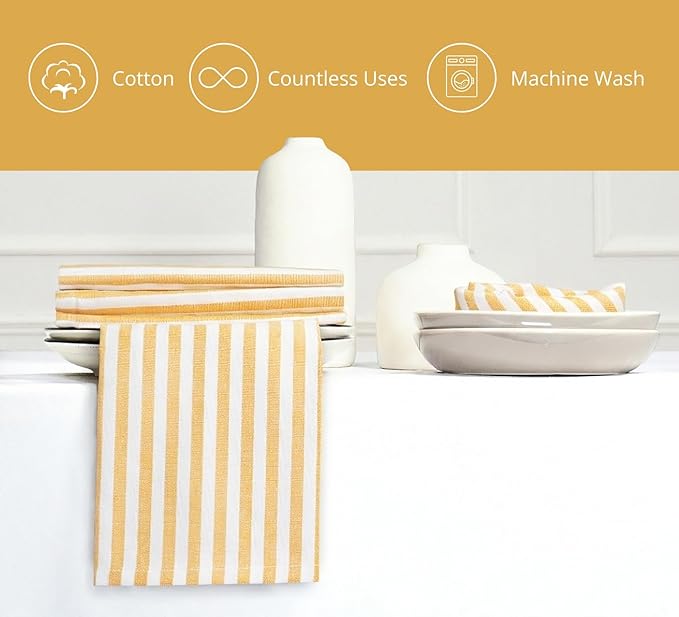 PurpleEssences Plain Striped Cloth Napkins - Set of 12-100% Cotton - 18 x 18 Inch - Spring Easter Summer and Perfect Everyday Use Dinner Napkin - Golden Yellow White