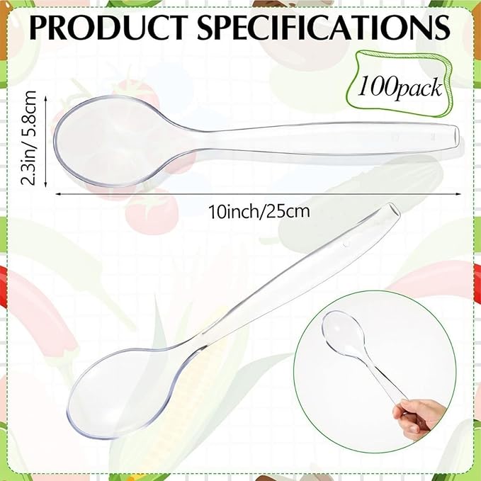 LemonRoad 10 in Plastic Serving Spoons for Buffet Clear Plastic Utensils for Hot and Cold Food Extra Large Heavy Duty Disposable Serving Spoon Utensils for Parties, Holidays and Gatherings(100 Pack)