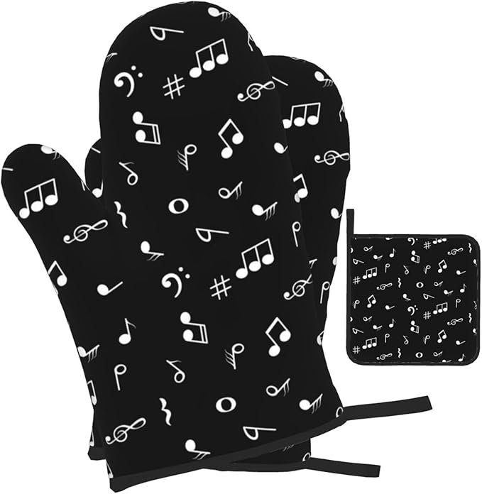 Music Notes Oven Mitts and Pot Holders Sets of 3 Black Hot Pads Musicial Oven Gloves Heat Resistant Non Slip Washable for Kitchen Cooking Grilling Baking