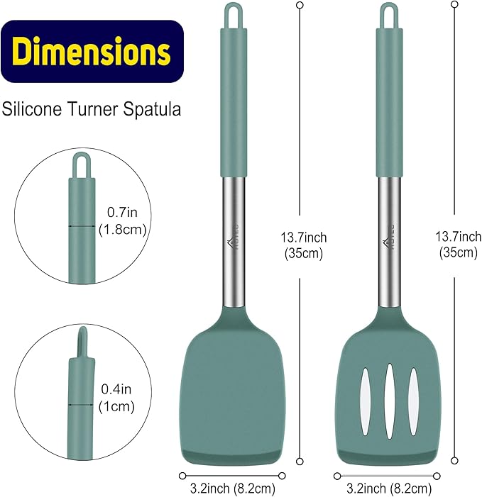 HOTEC Silicone Spatula Set of 2 Heat-Resistant 600°F & BPA-Free Kitchen SaptulaTurner with Stainless Steel Handles, Slotted & Solid Spatulas for Nonstick Cookware, 13.7 Inch, Sage Green