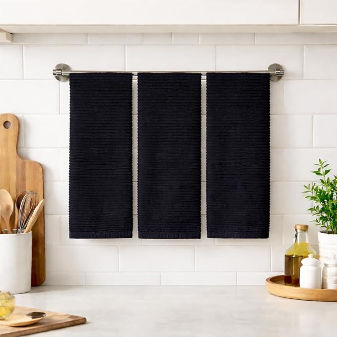 Serafina Home Oversized Solid Color Black Kitchen Dish Towels: 100% Cotton Cloth Soft Cleaning Drying Absorbent Ribbed Terry Loop, Set of 3 Multipurpose for Everyday Use (Black)