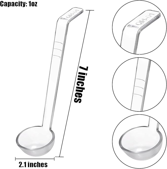 Coloch 20 Pack 1oz Plastic Small Ladle, 7 Inch Clear Mini Ladle Long Handle Punch Bowl Ladles Mini Serving Spoon for Juice, Topping, Dressing, Soup, Gravy, Pouch Bowl, Cocktail