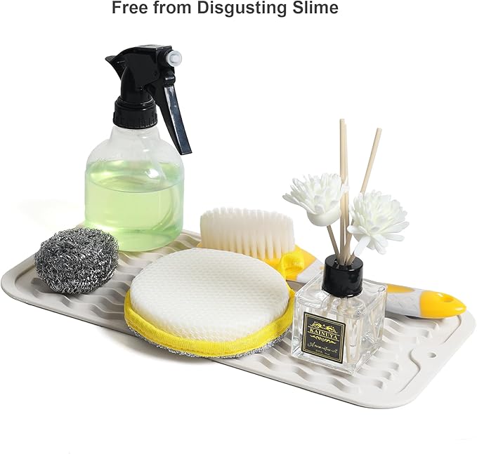 ZLR Silicone Sponge Holder & Sink Caddy Tray (6" x 12") - Narrow Dish Drying Mat for Kitchen Counter - Waterproof Soap Dispenser Organizer, Non-Slip Bathroom Vanity Tray (Milk White)