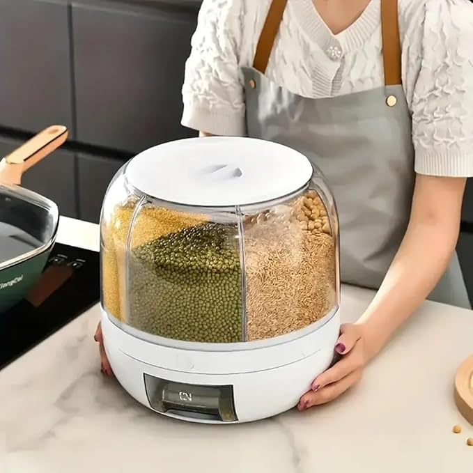 Rotating grain storage container,rice dispenser,6-compartment rice container, 360° rotating food dispenser One-Click Output rice Storage Round Grain Dispenser Kitchen for Grains, Beans, Rice.