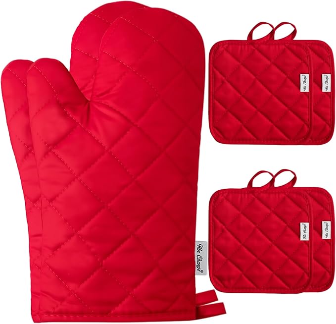 Oven Mitts and Pot Holders Sets,6 Pcs Oven Mitts and Potholders with Recycled Cotton High Heat Resistant Extra Thick Long Oven Mitts for Cooking(Red)