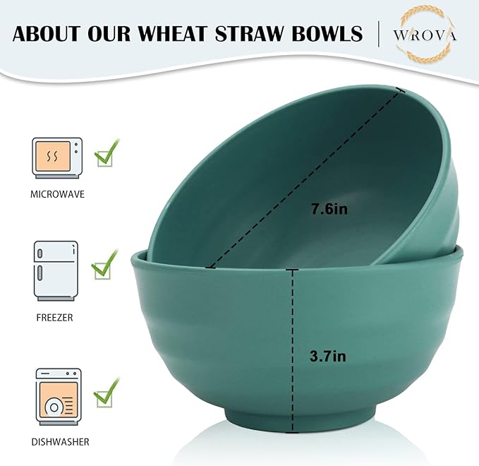 Wrova Wheat Straw Bowls Set 60 OZ Unbreakable Large Cereal Bowls Set of 6 Microwave and Dishwasher Safe Bowls Big Bowls for Dorm and Apartment BPA Free Soup Bowl for Serving Oatmeal and Salad (Green)