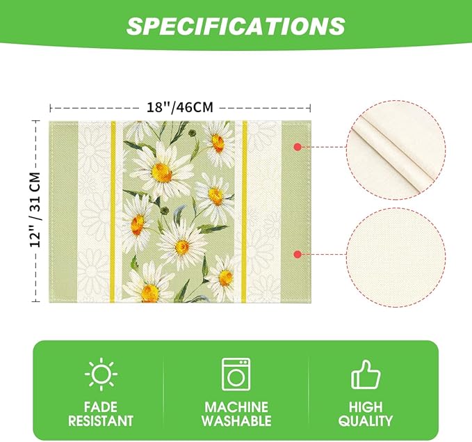 Artoid Mode Eucalyptus Leaves Daisy Vase Placemats for Dining Table, 12 x 18 Inch Spring Easter Summer Seasonal Holiday Decoration Rustic Vintage Washable Table Mats Set of 4 Green