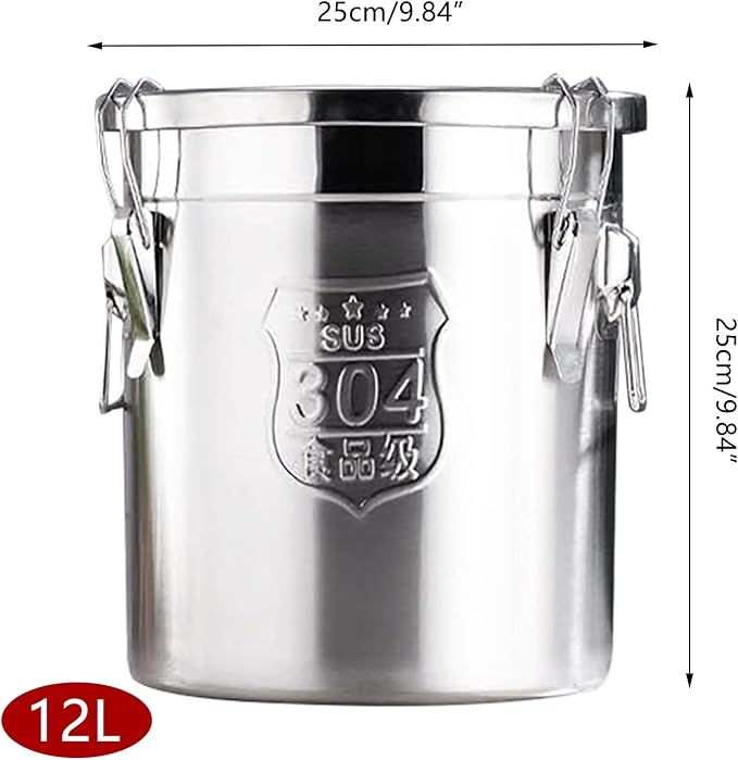 12L/2.64gal Stainless Steel Airtight Canister, Food Storage Canisters with Airtight Lid&Locking Clamp, Rice Container Cereal Grain Canisters, Storager Bucket for Flour, Coffee Bean, Sugar, Cookie