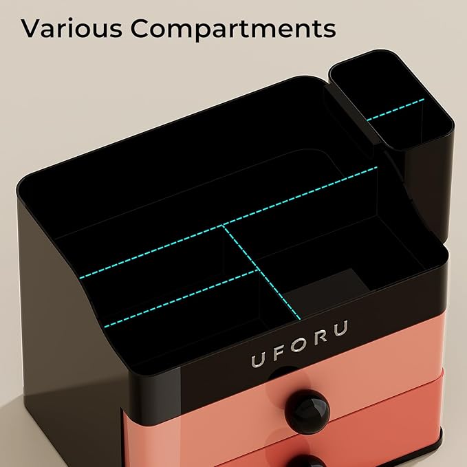 Makeup Organizer for Vanity with Brush Holder, Countertop Skincare Organizer with 2 Drawers, Spacious Cosmetic Display Case for Perfumes, Eyeshadow Palettes, Nail Polishes