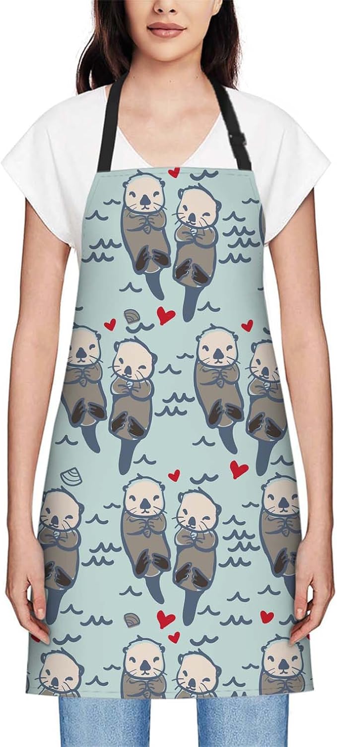oFloral Sea Otter Love Pattern Apron Adjustable Apron Cooking Kitchen Chef Women Men Aprons for Home Kitchen, Restaurant, Coffee House, Baking Gardening BBQ