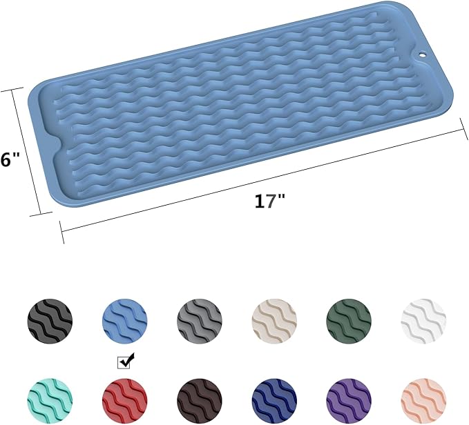 ZLR Silicone Sponge Holder & Sink Caddy Tray (6" x 17") - Narrow Dish Drying Mat for Kitchen Counter - Waterproof Soap Dispenser Organizer, Non-Slip Bathroom Vanity Tray (Lichen Blue)