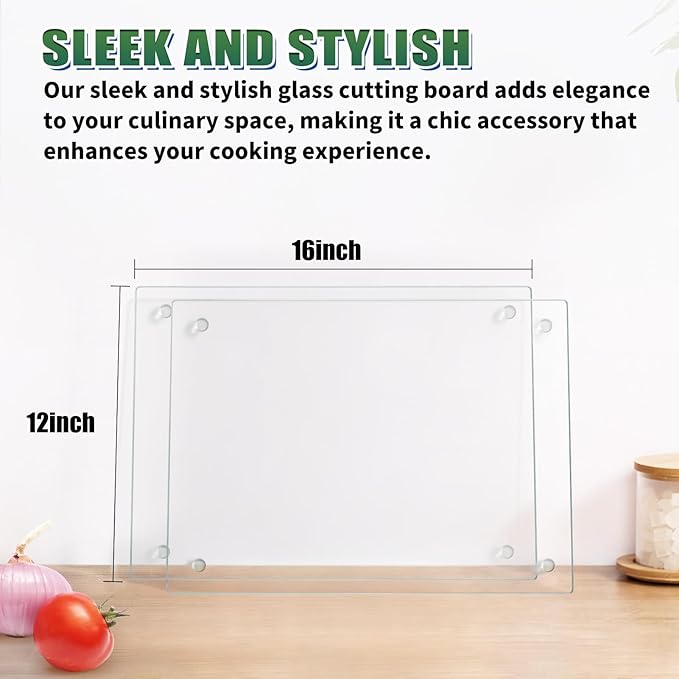 Seelenruhe Tempered Glass Cutting Boards for Kitchen Counter, 2PCS 12x16 inch Clear Cutting Boards for Countertop, Non-Slip, Heat-Resistant, Easy to Clean, Kitchen Decoration