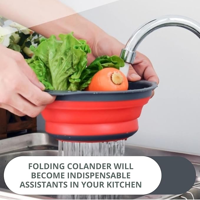 Red Round Silicone Collapsible Colander – Silicone Round Kitchen Strainers with Plastic Handles Foldable Kitchen Strainer Small Perfect for Draining Pasta Vegetable and Fruit
