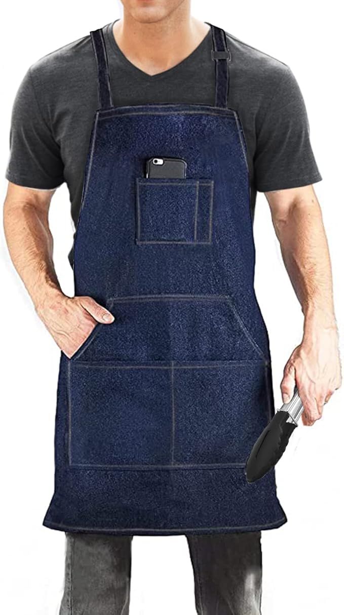 Denim Jean Tool Apron with 4 Pockets Waterproof Adjustable Canvas Lightweight Work Apron Blue