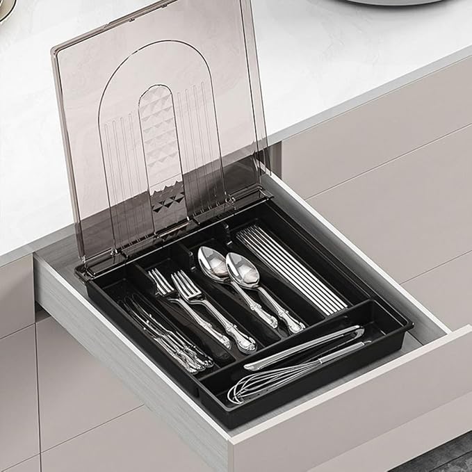 SHOWERORO Large Flip-top Kitchen Silverware Box with Dividers, Black Cutlery Organizer Drawer Storage Tray for Forks, Spoons, and Knives, Convenient Utensil Storage Solution for Kitchen