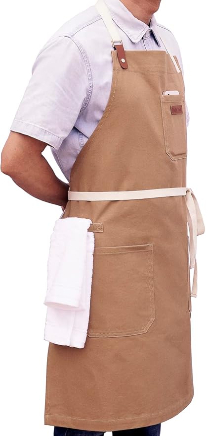 Kitchen Apron with Pockets, Professional Chef Bib Apron for Cooking Grill BBQ Baking Server, with Pockets Towel Loop and Adjustable Neck Straps for Men Women