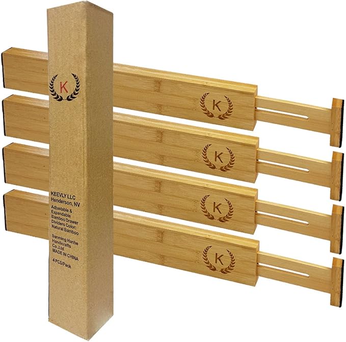 Bamboo Drawer Dividers Organizers 18-21.75 IN - Kitchen Drawer Organizer with Spring Loaded, Expandable Drawer Organization Separators for Kitchen, Bathroom - Pack of 4