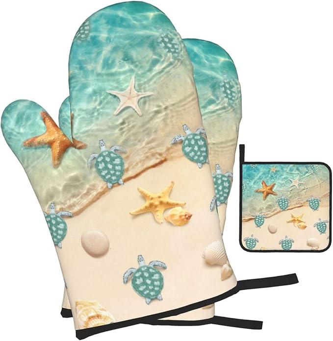 Sea Turtles Beach Oven Mitts and Pot Holders Sets of 3 Nautical Kitchen Decor Heat Resistant Hot Pads Teal Nautical Decorative Oven Gloves for Cooking Grilling Baking
