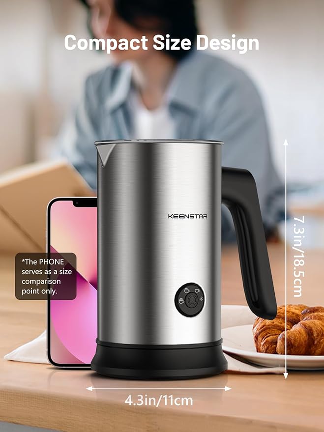 Keenstar Electric Milk Frother, Automatic Milk Steamer Warm or Cold Foam Maker for Latte, Cappuccino, Macchiato, Stainless Steel Milk Warmer with Temperature Controls