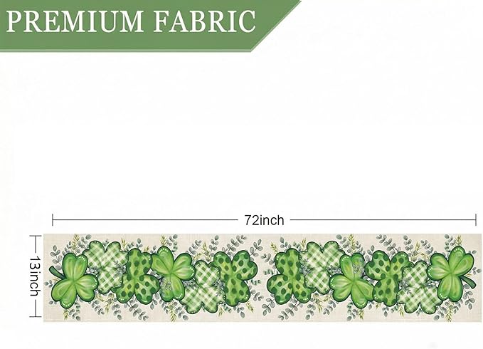 ONFAON St Patrick's Day Table Runner Decorations Shamrock Eucalyptus Heart Seasonal Spring Kitchen Dining Table Decoration for Home Party Decor 13x72 Inch