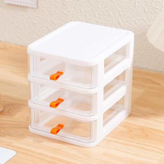 Gagee 4 Pack 3 Drawer Mini Desktop Unit,Plastic dressers with drawers for Arts and Crafts, Small Tools, Sewing Accessories, Stationary, and Hardware,Clear/White Frame