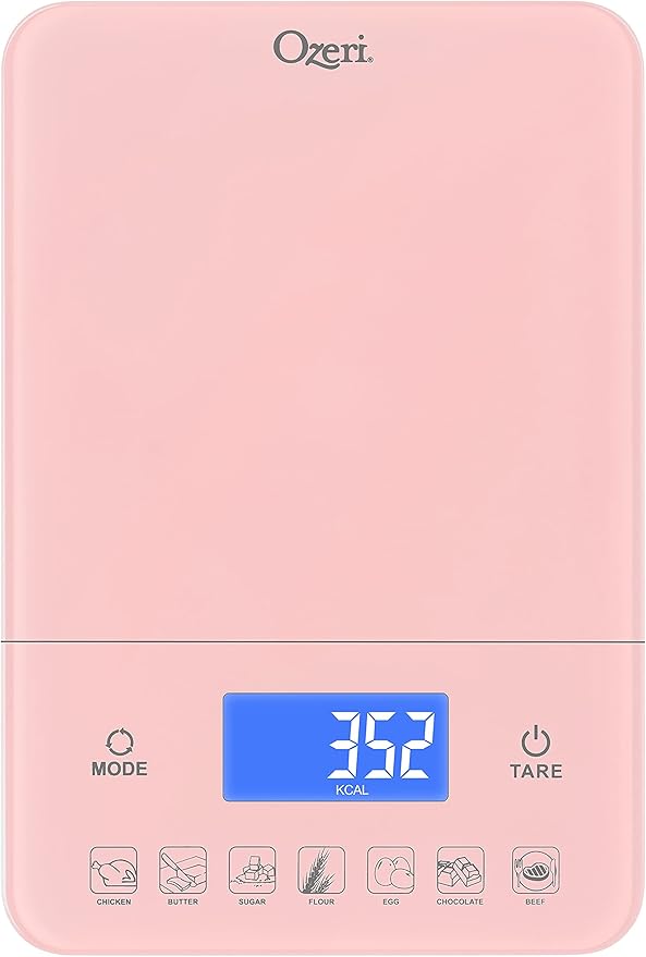 Ozeri Touch III Digital Kitchen Scale with Calorie Counter, 22 lbs (10 kg), Crystal Rose