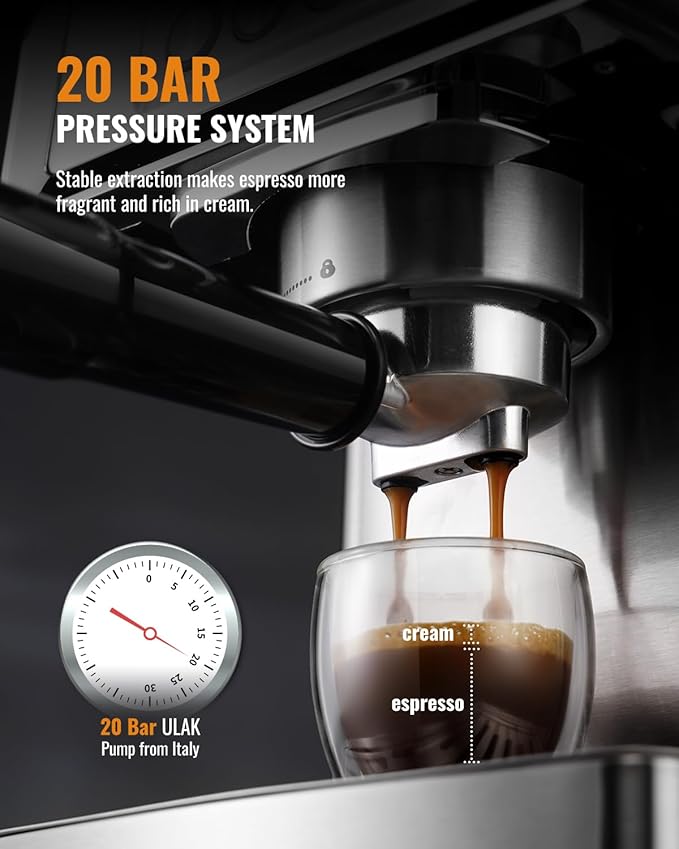 SHARDOR 20-Bar Espresso Machine for Home Barista, Espresso Coffee Maker with Temp Display, Built-In Steam Wand for Latte & Cappuccino, Stainless Steel, 1350W, 60oz Water Reservoir