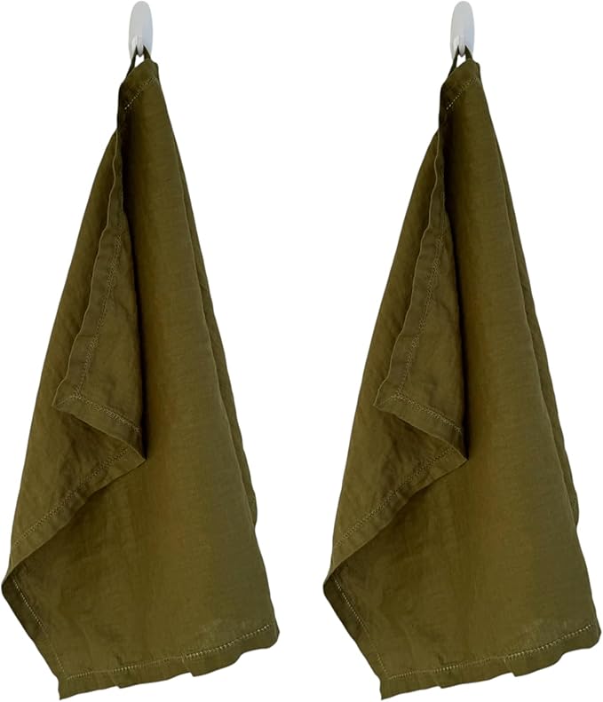 Linen Kitchen Dish Towels – 20” x 27” – 100% Pure Stonewashed Linen Hemstitch Hand Towel/Tea Towel - Set of 2 (Olive Green)