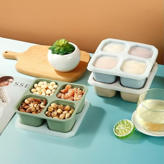 PandaEar 3 Pack Snack Containers, 4 Compartment Silicone Bento Lunch Snack Box with Lids, Reusable Divided Meal Snack Containers for Adults Kids Toddler, Food Storage Containers for School Work Travel