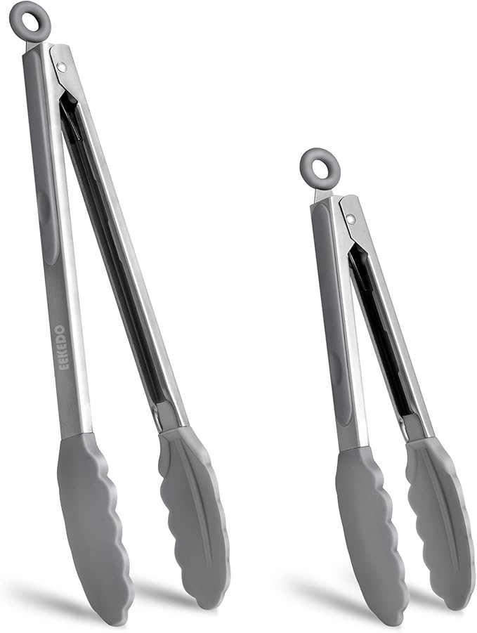 Tongs for Cooking, 600ºF High Heat-Resistant Stainless Steel Kitchen Tongs with Silicone Tips, Non Scratch, Locking Tong for BBQ Grilling Air Fryer Food Salads, Set of 2 (9" and 12") Light Grey