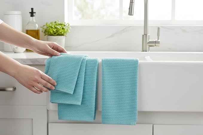 Serafina Home Aqua Light Blue Kitchen Dish Towels: (18" x 28", 3 Pack) 100% Cotton Cloth Soft Cleaning Drying Absorbent Ribbed Terry Loop, Multipurpose (Aqua Blue)