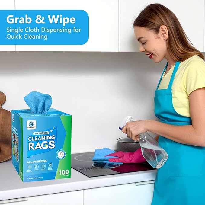 GLIMGLINT Shop Towels, 100 Pack Blue Reusable Paper Towels, Lint-Free, Ultra Absorbent Microfiber Towels for Home, Kitchen, Car, Garage or Shop, Cleaning Rags, 11" x 9"