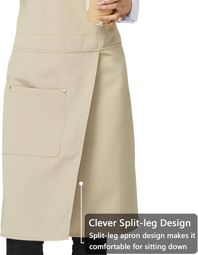 KITCHIEF Pottery Apron Split Leg,Cross Back Chef Apron with Pockets,Painting Apron with Adjustable Straps for Cooking,Baking,BBQ,Ceramic,Gardening(Khaki)