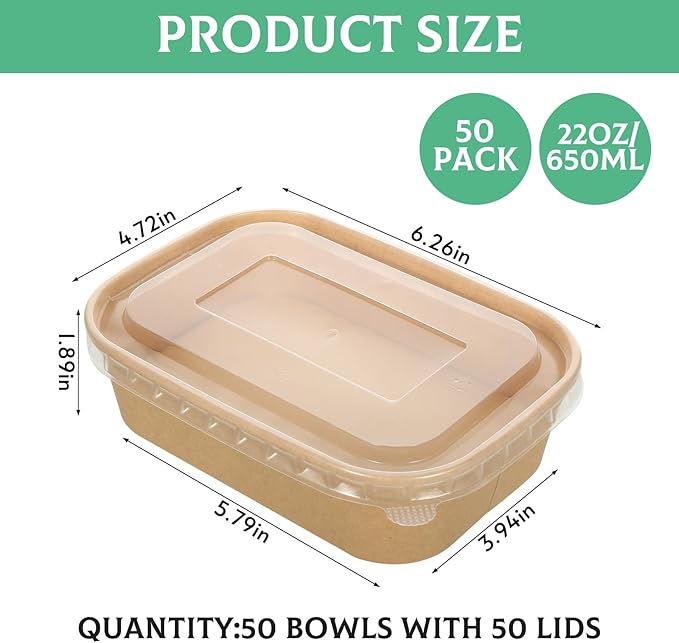 50 Pack 22oz Disposable Kraft Paper Bowls with Lids, Rectangle Meal Prep Containers Bulk, Large Paper Salad Bowl, Leakproof Food Containers Treat Soup Serving Bowls, Microwave Safe for Hot/Cold Food