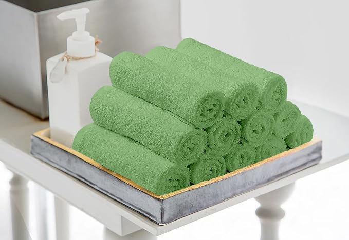Avalon Towels Cotton Washcloths 24-Pack – 12 x 12 Inch Sage Green Super Soft & Absorbent Ring-Spun Cotton Wash Cloths for Face, Bath, Spa, Gym, Hotel & Cleaning