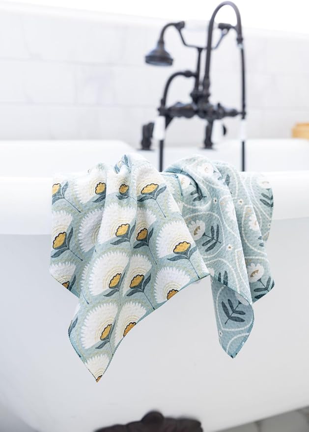 Premium Kitchen Tea Towel | Microfiber Waffle Weave | Quick Dry | Super Absorbent | Double-Sided Designer Prints | 2 Pack (Blue Blush)