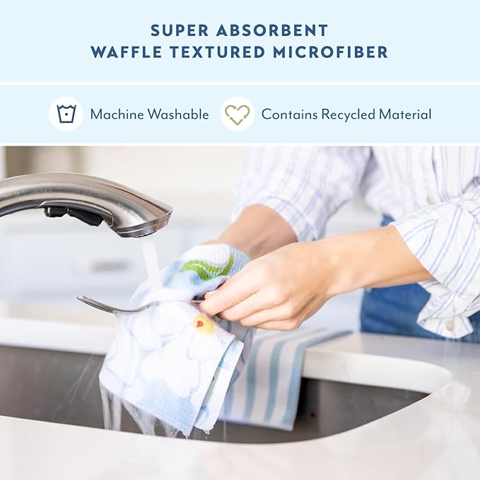 ELYN Microfiber Kitchen Dish Cloth Set, Quick-Dry & Absorbent Waffle Weave Cleaning Towels, Set of 6 Wash Cloths, Paper Towels & Sponge Alternative (Painterly Floral & Grid)