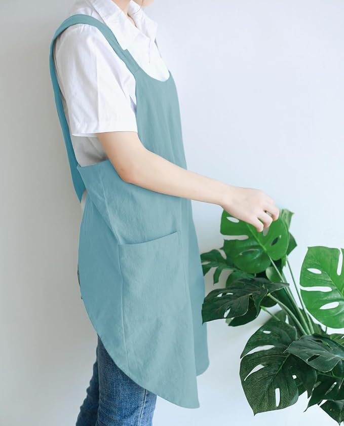 NEWGEM Japanese Cotton Linen Cross Back Cooking Apron for Women Men with Pockets Cute for Baking Kitchen