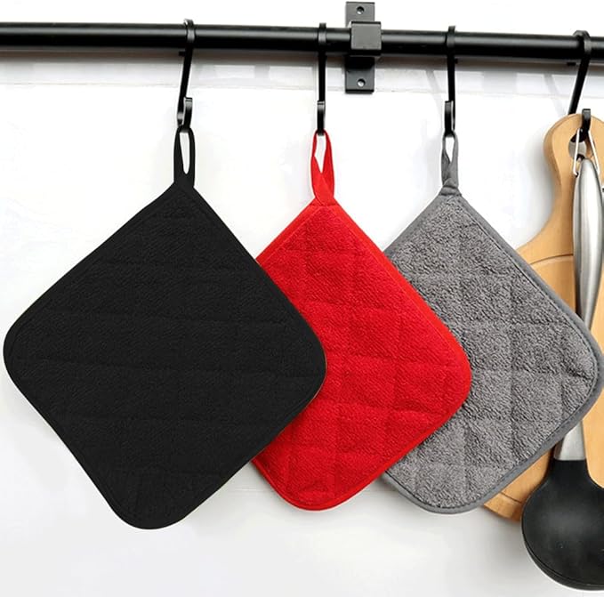 meioro 4-Pack Pot Holders for Kitchen High Heat Resistant Potholder, 100% Cotton Hot Pads, Quilted Terry Hot Pot Holder Set for Kitchens, Washable Trivet for Cooking and Baking 7x7 Inches (Black)