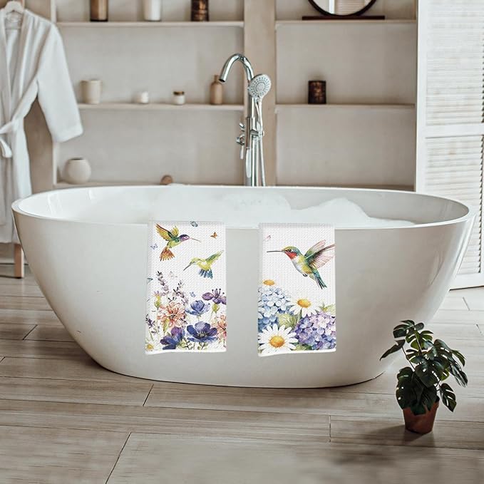 Lovdazzles 2 Pcs Hummingbird Waffle Tea Towels, Soft Absorbent Microfiber Decorative Floral Hand Towels for Kitchen Bathroom, Hummingbird Gifts for Women Spring Party Holiday Supplies